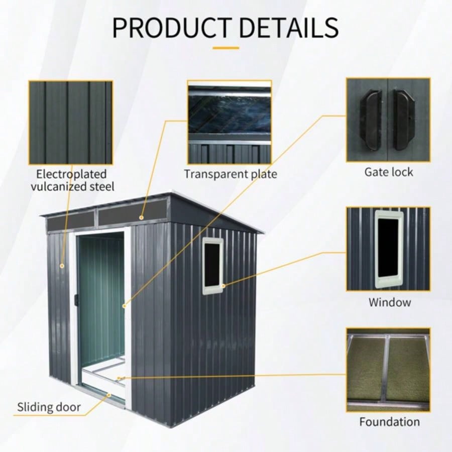 6ftx 5ft Outdoor Metal Storage Shed with Window and Transparent plate Garden, Lawn Black and White