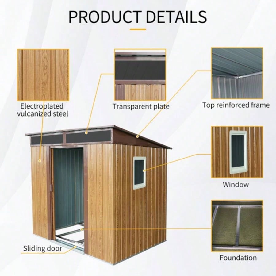 6ftx 5ft Outdoor Metal Storage Shed with Window and Transparent plate Garden, Lawn Coffee