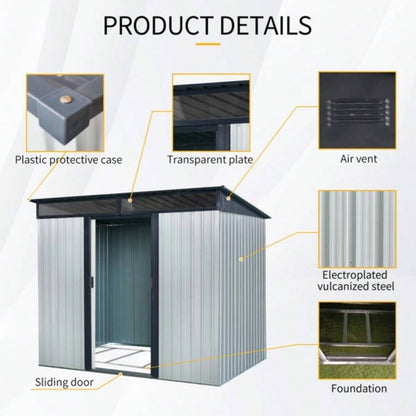 8ftx 6ft Outdoor Metal Storage with Lockable Sliding Doors and Transparent plate Garden, Lawn White and Black