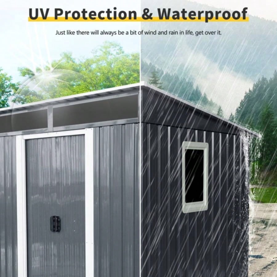 6ftx 5ft Outdoor Metal Storage Shed with Window and Transparent plate Garden, Lawn Black and White