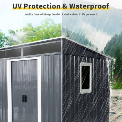 6ftx 5ft Outdoor Metal Storage Shed with Window and Transparent plate Garden, Lawn Black and White