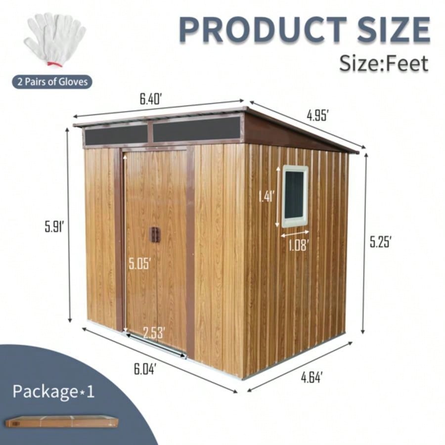 6ftx 5ft Outdoor Metal Storage Shed with Window and Transparent plate Garden, Lawn Coffee
