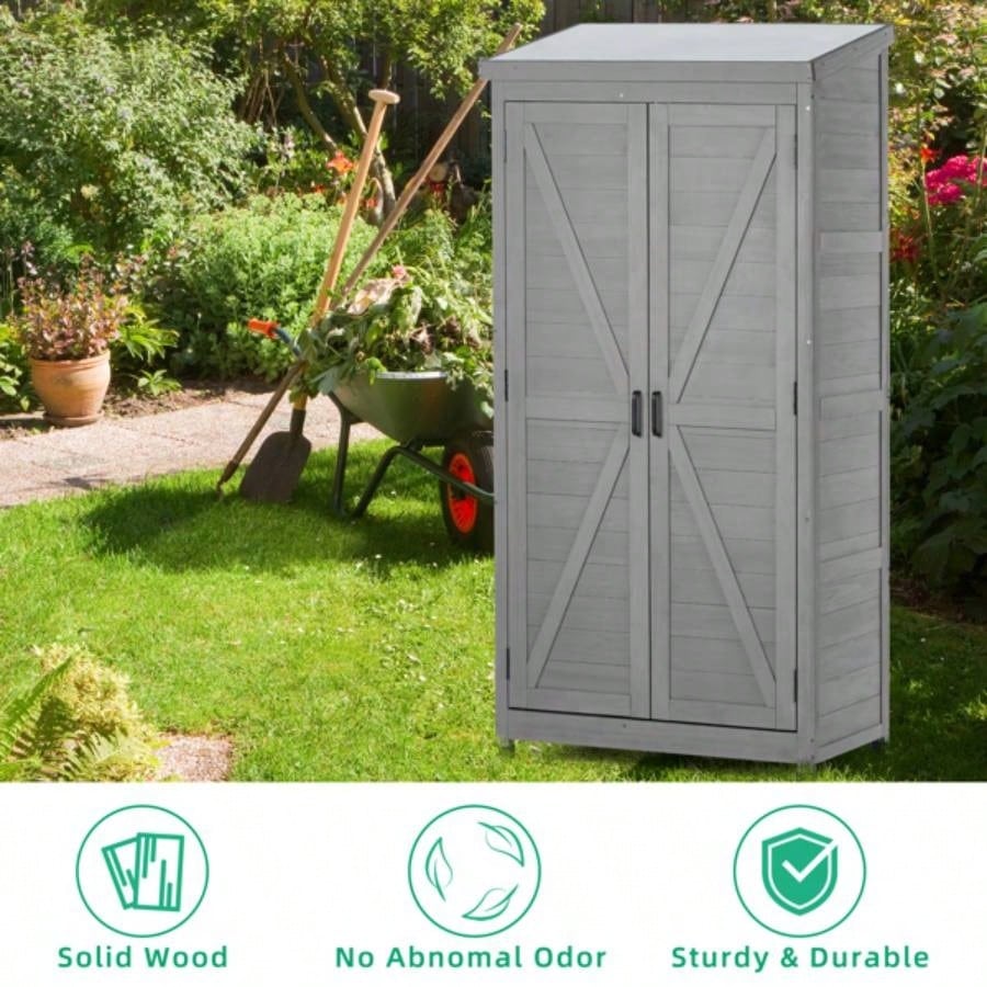 Outdoor Storage Cabinet and Metal Top, Garden Storage Shed, Outdoor 68 Inches Wood Tall Shed Yard and Patio