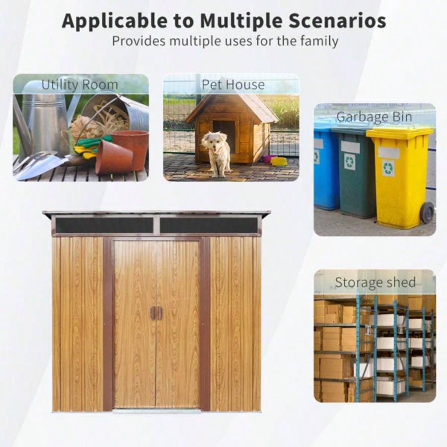 6ftx 5ft Outdoor Metal Storage Shed with Window and Transparent plate Garden, Lawn Coffee