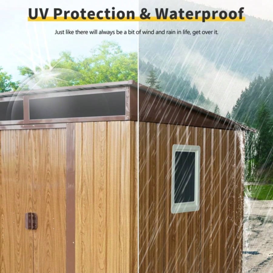 6ftx 5ft Outdoor Metal Storage Shed with Window and Transparent plate Garden, Lawn Coffee