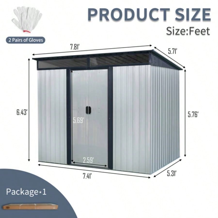 8ftx 6ft Outdoor Metal Storage with Lockable Sliding Doors and Transparent plate Garden, Lawn White and Black