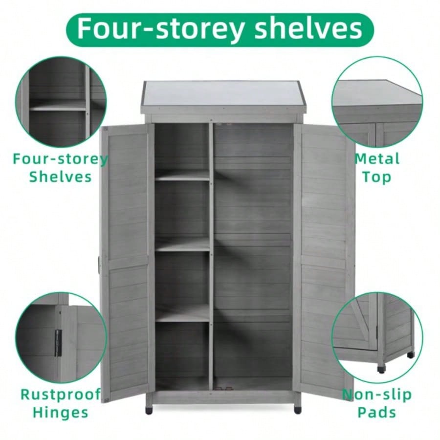 Outdoor Storage Cabinet and Metal Top, Garden Storage Shed, Outdoor 68 Inches Wood Tall Shed Yard and Patio