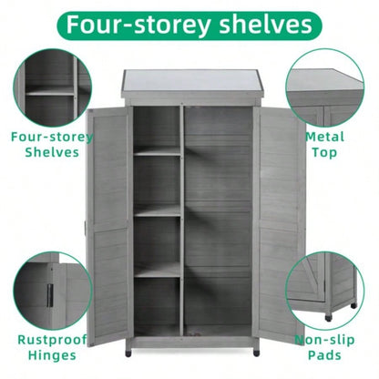 Outdoor Storage Cabinet and Metal Top, Garden Storage Shed, Outdoor 68 Inches Wood Tall Shed Yard and Patio