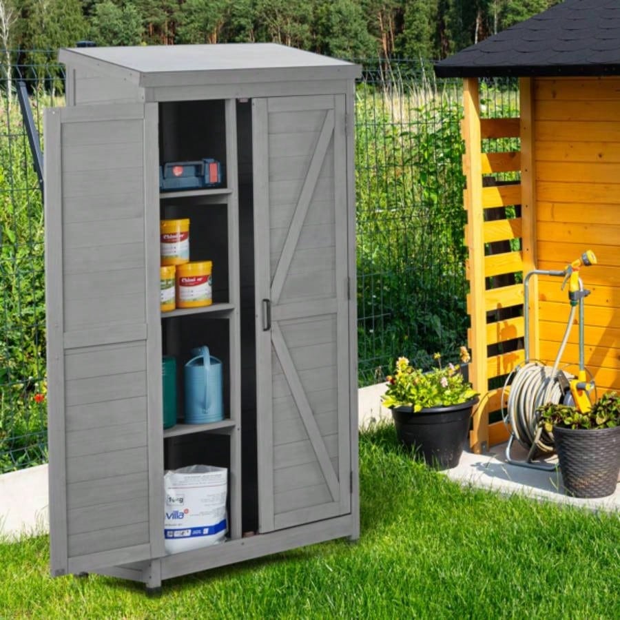 Outdoor Storage Cabinet and Metal Top, Garden Storage Shed, Outdoor 68 Inches Wood Tall Shed Yard and Patio