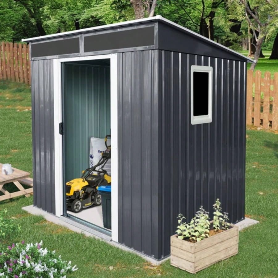 6ftx 5ft Outdoor Metal Storage Shed with Window and Transparent plate Garden, Lawn Black and White