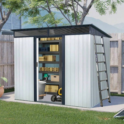 8ftx 6ft Outdoor Metal Storage with Lockable Sliding Doors and Transparent plate Garden, Lawn White and Black