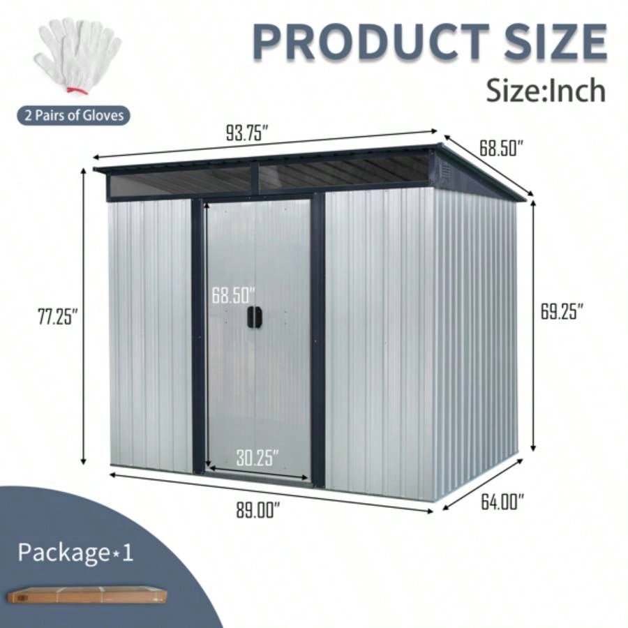 8ftx 6ft Outdoor Metal Storage with Lockable Sliding Doors and Transparent plate Garden, Lawn White and Black