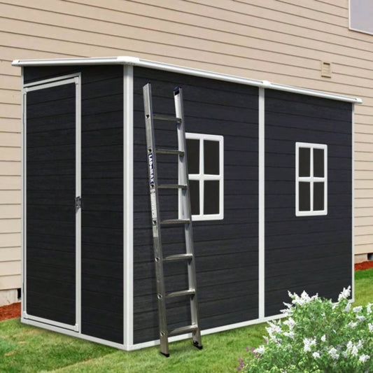 4x8ft Outdoor Storage Shed with Floor Resin shed with Two - Window, Waterproof, Lockable Doors Patio, Yard, Lawn - Black