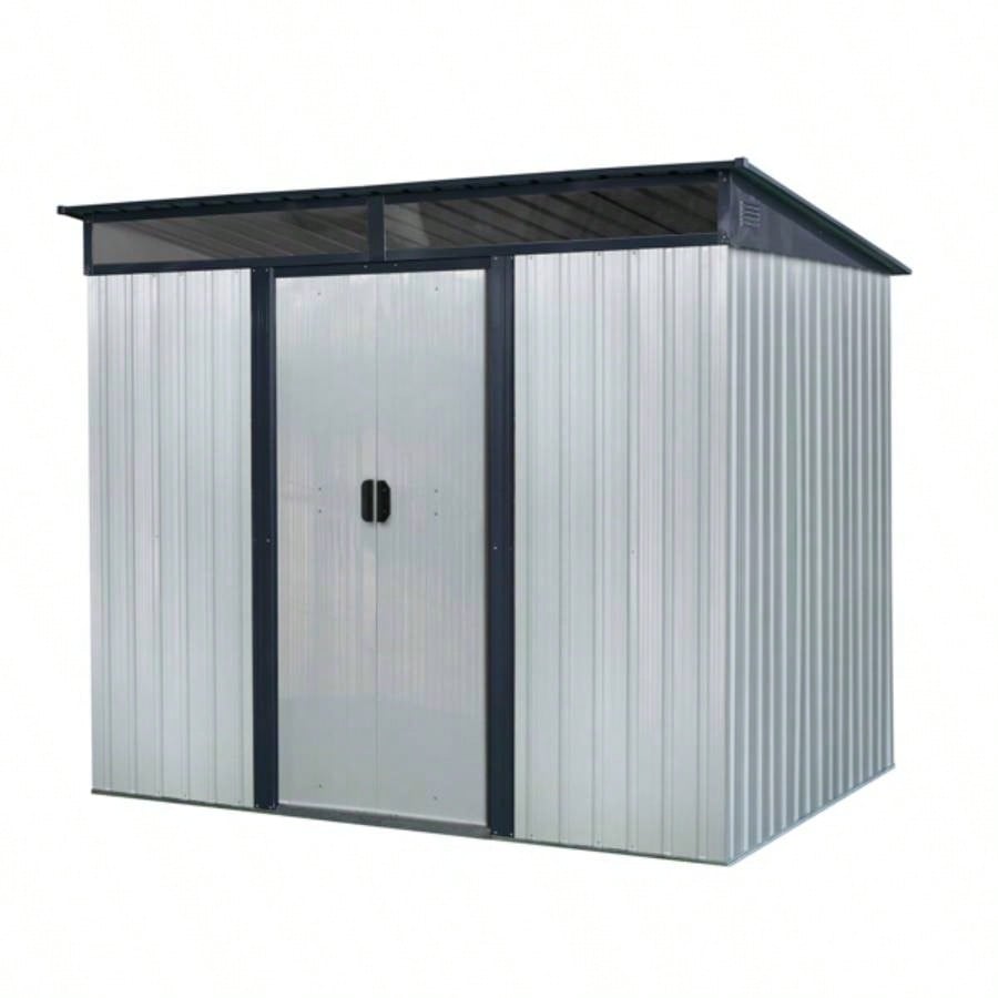 8ftx 6ft Outdoor Metal Storage with Lockable Sliding Doors and Transparent plate Garden, Lawn White and Black