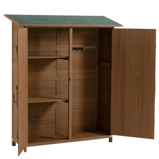 Outdoor Storage Shed with Lockable Door, Wooden Storage Shed with Detachable Shelves and Pitch Roof, Brown