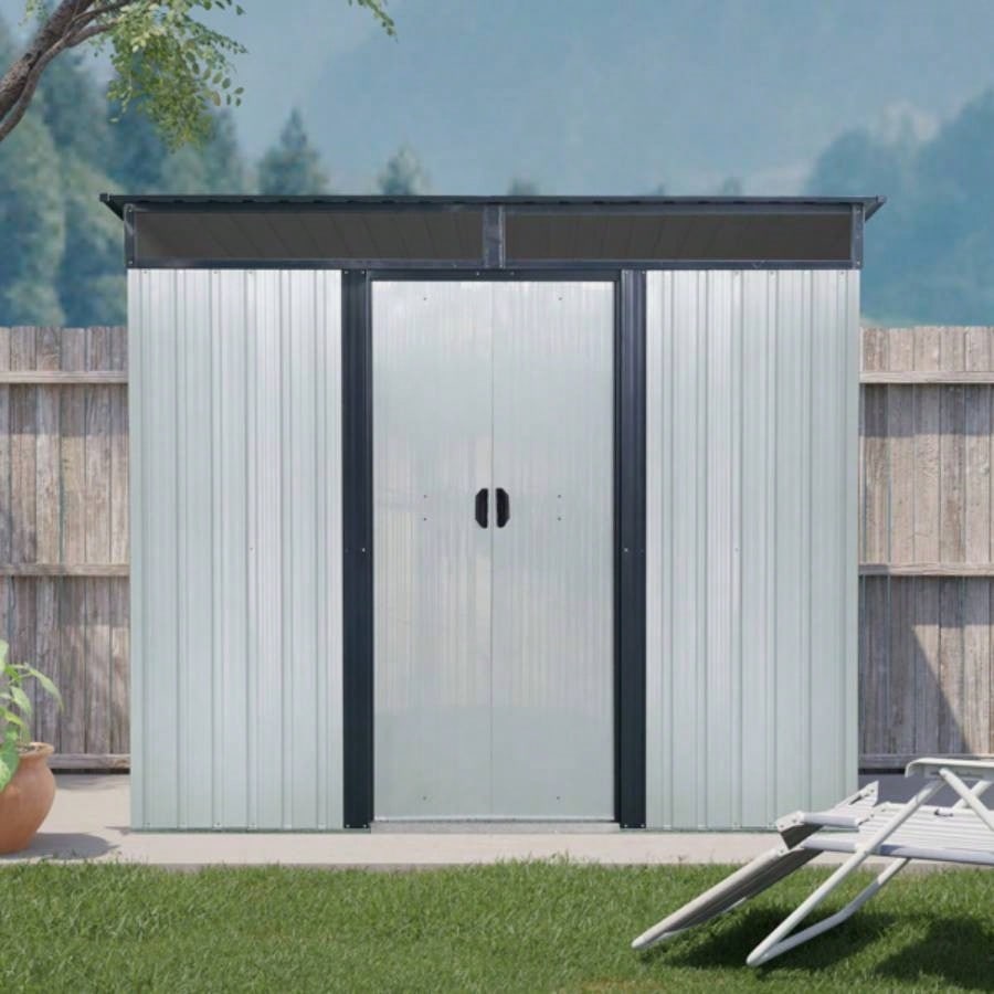 8ftx 6ft Outdoor Metal Storage with Lockable Sliding Doors and Transparent plate Garden, Lawn White and Black