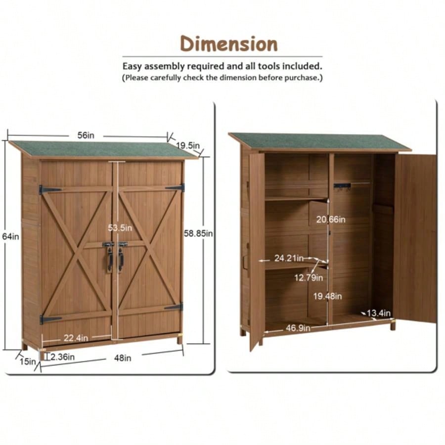 Outdoor Storage Shed with Lockable Door, Wooden Storage Shed with Detachable Shelves and Pitch Roof, Brown