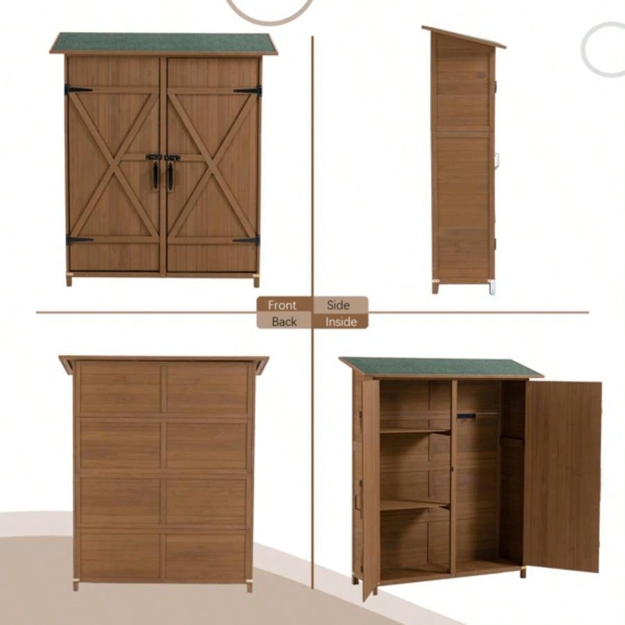 Outdoor Storage Shed with Lockable Door, Wooden Storage Shed with Detachable Shelves and Pitch Roof, Brown