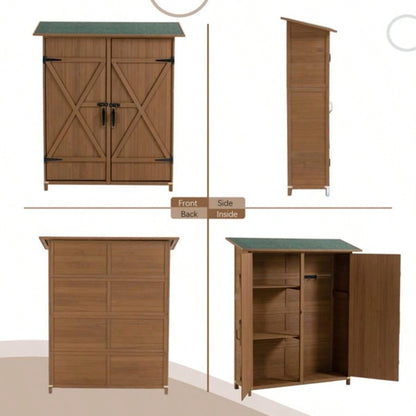 Outdoor Storage Shed with Lockable Door, Wooden Storage Shed with Detachable Shelves and Pitch Roof, Brown