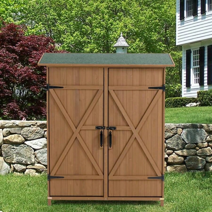 Outdoor Storage Shed with Lockable Door, Wooden Storage Shed with Detachable Shelves and Pitch Roof, Brown