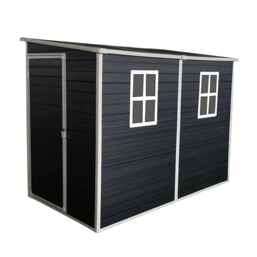 4x8ft Outdoor Storage Shed with Floor Resin shed with Two - Window, Waterproof, Lockable Doors Patio, Yard, Lawn - Black