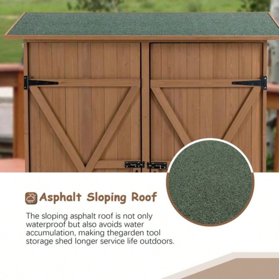Outdoor Storage Shed with Lockable Door, Wooden Storage Shed with Detachable Shelves and Pitch Roof, Brown