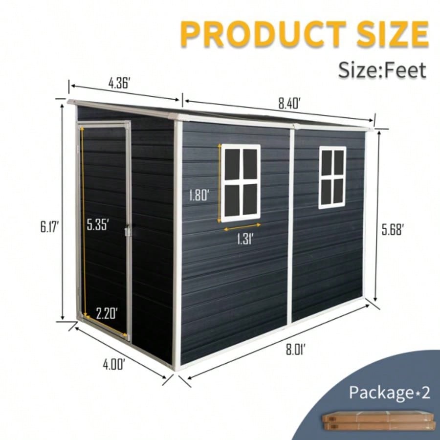 4x8ft Outdoor Storage Shed with Floor Resin shed with Two - Window, Waterproof, Lockable Doors Patio, Yard, Lawn - Black