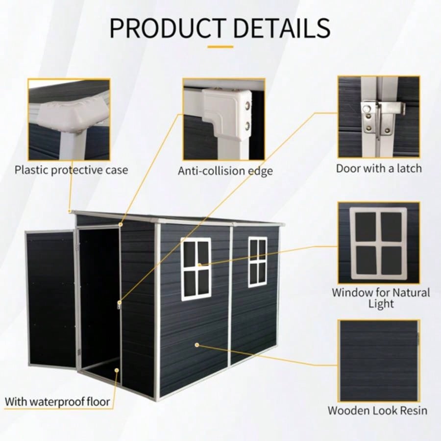4x8ft Outdoor Storage Shed with Floor Resin shed with Two - Window, Waterproof, Lockable Doors Patio, Yard, Lawn - Black