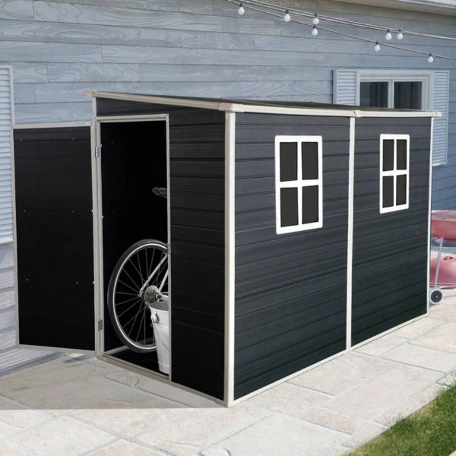 4x8ft Outdoor Storage Shed with Floor Resin shed with Two - Window, Waterproof, Lockable Doors Patio, Yard, Lawn - Black