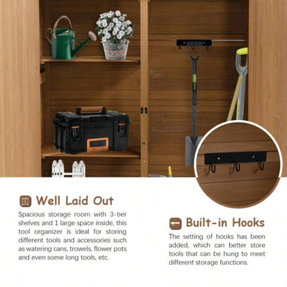 Outdoor Storage Shed with Lockable Door, Wooden Storage Shed with Detachable Shelves and Pitch Roof, Brown