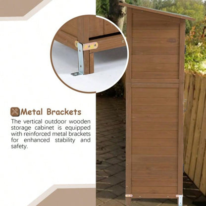 Outdoor Storage Shed with Lockable Door, Wooden Storage Shed with Detachable Shelves and Pitch Roof, Brown