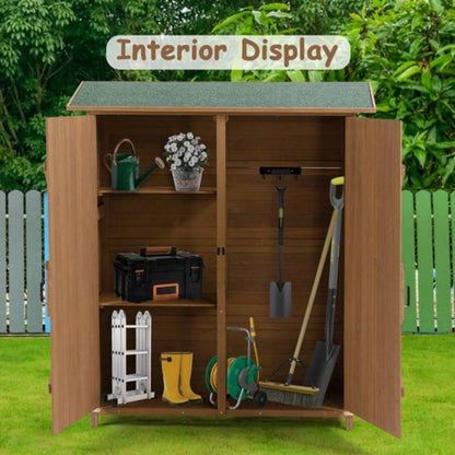 Outdoor Storage Shed with Lockable Door, Wooden Storage Shed with Detachable Shelves and Pitch Roof, Brown