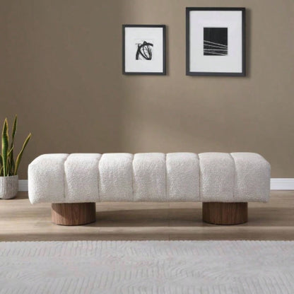 Upholstered Dining Dining Room, No - Assembly End of Bed Entryway Ottoman Bedroom Living Room, Beige Faux Fur Fabric Stool Top Wood Leg 300 LBS Weight Capacity
