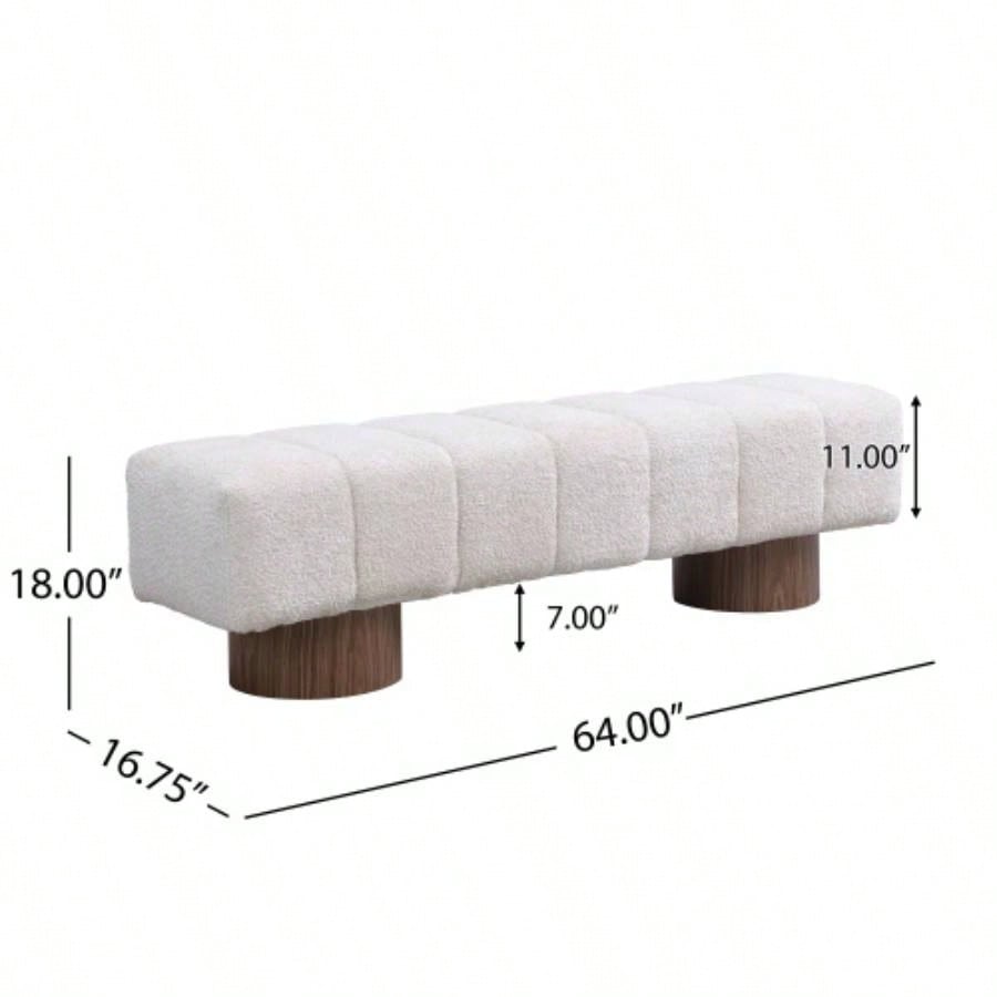 Upholstered Dining Dining Room, No - Assembly End of Bed Entryway Ottoman Bedroom Living Room, Beige Faux Fur Fabric Stool Top Wood Leg 300 LBS Weight Capacity