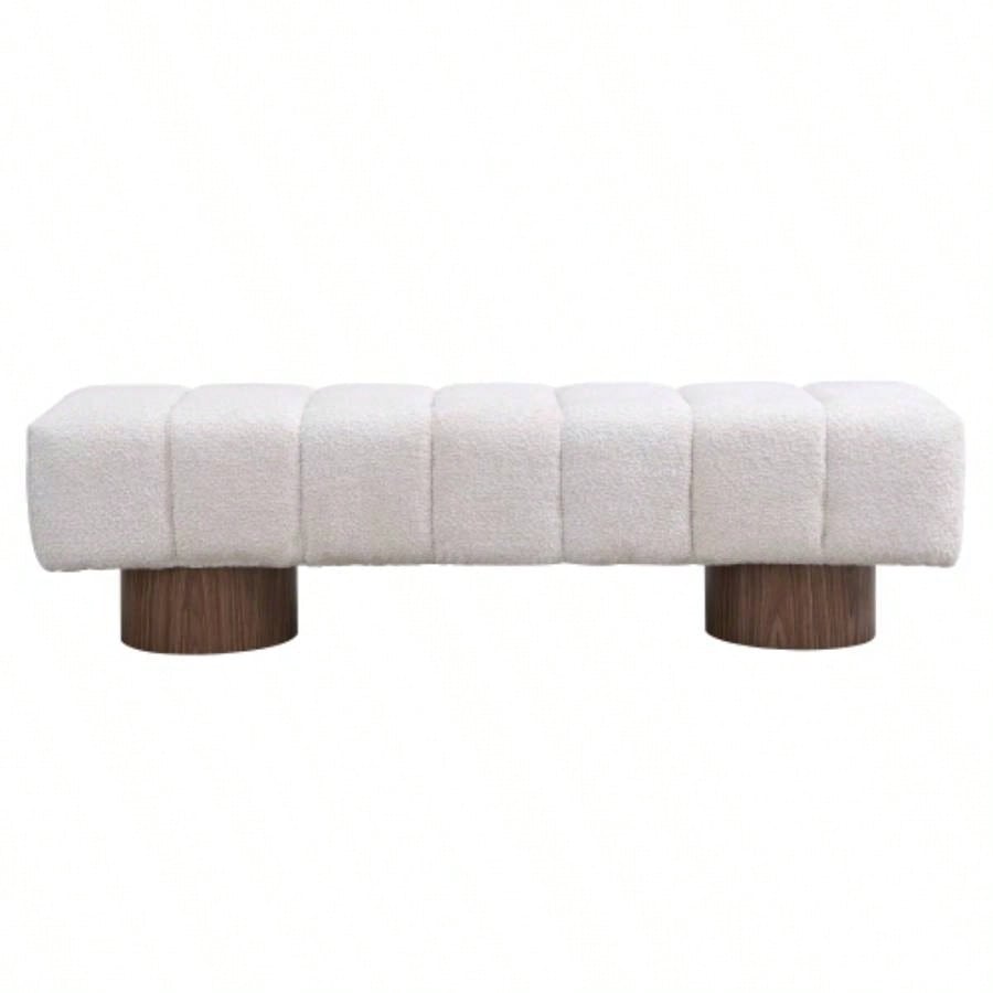 Upholstered Dining Dining Room, No - Assembly End of Bed Entryway Ottoman Bedroom Living Room, Beige Faux Fur Fabric Stool Top Wood Leg 300 LBS Weight Capacity