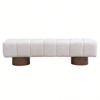 Upholstered Dining Dining Room, No - Assembly End of Bed Entryway Ottoman Bedroom Living Room, Beige Faux Fur Fabric Stool Top Wood Leg 300 LBS Weight Capacity