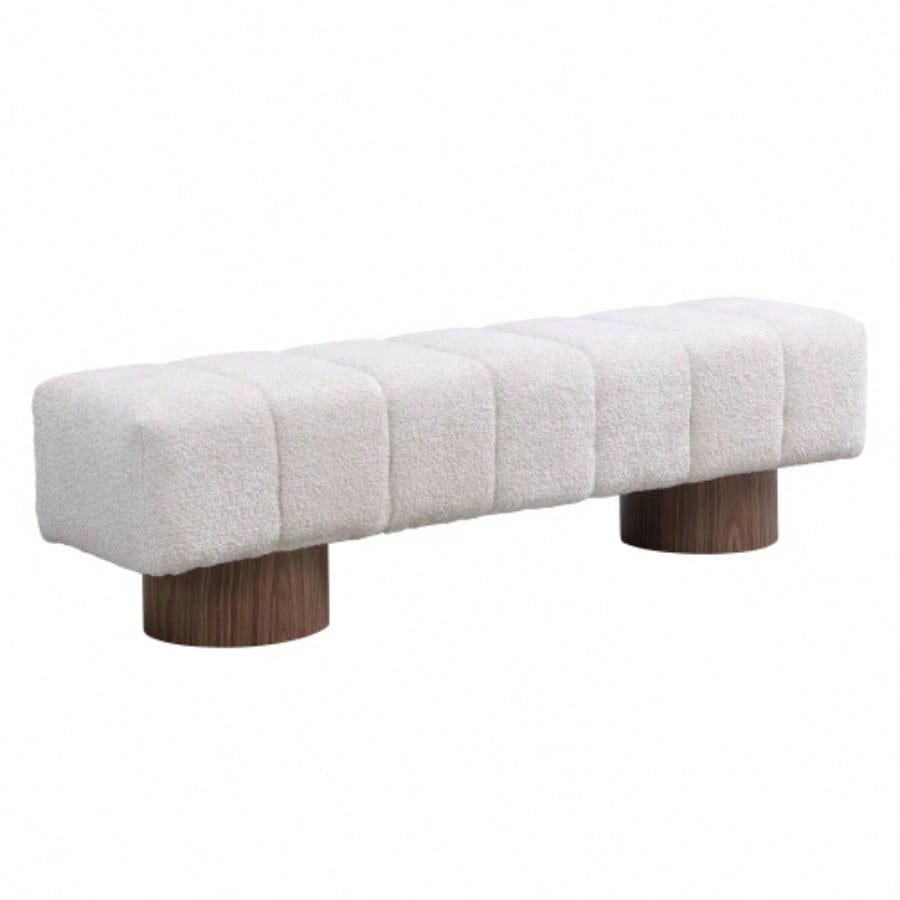 Upholstered Dining Dining Room, No - Assembly End of Bed Entryway Ottoman Bedroom Living Room, Beige Faux Fur Fabric Stool Top Wood Leg 300 LBS Weight Capacity