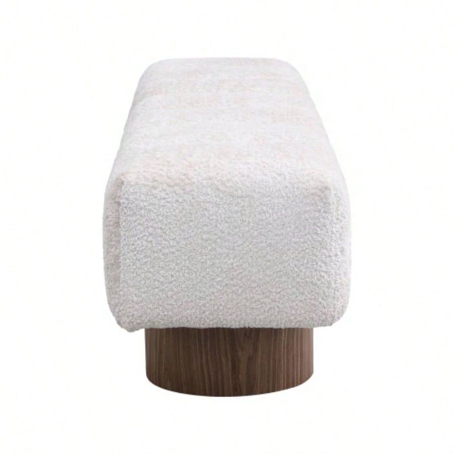 Upholstered Dining Dining Room, No - Assembly End of Bed Entryway Ottoman Bedroom Living Room, Beige Faux Fur Fabric Stool Top Wood Leg 300 LBS Weight Capacity