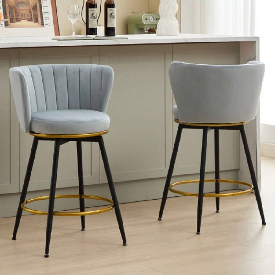 Counter Height Bar Stools Set of 2, 360 Swivel Upholstered Barstools with Backs and Metal, 26 H Height, Velvet Fabric, Goldy Footrest