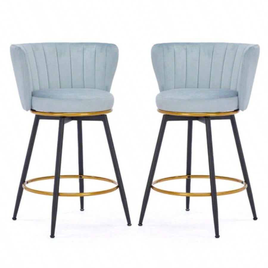 Counter Height Bar Stools Set of 2, 360 Swivel Upholstered Barstools with Backs and Metal, 26 H Height, Velvet Fabric, Goldy Footrest