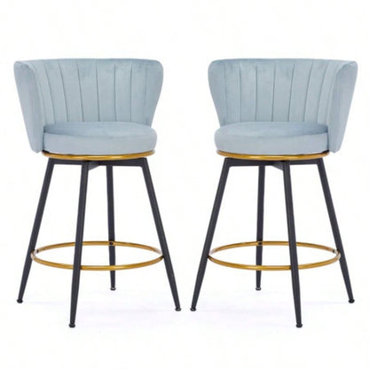 Counter Height Bar Stools Set of 2, 360 Swivel Upholstered Barstools with Backs and Metal, 26 H Height, Velvet Fabric, Goldy Footrest