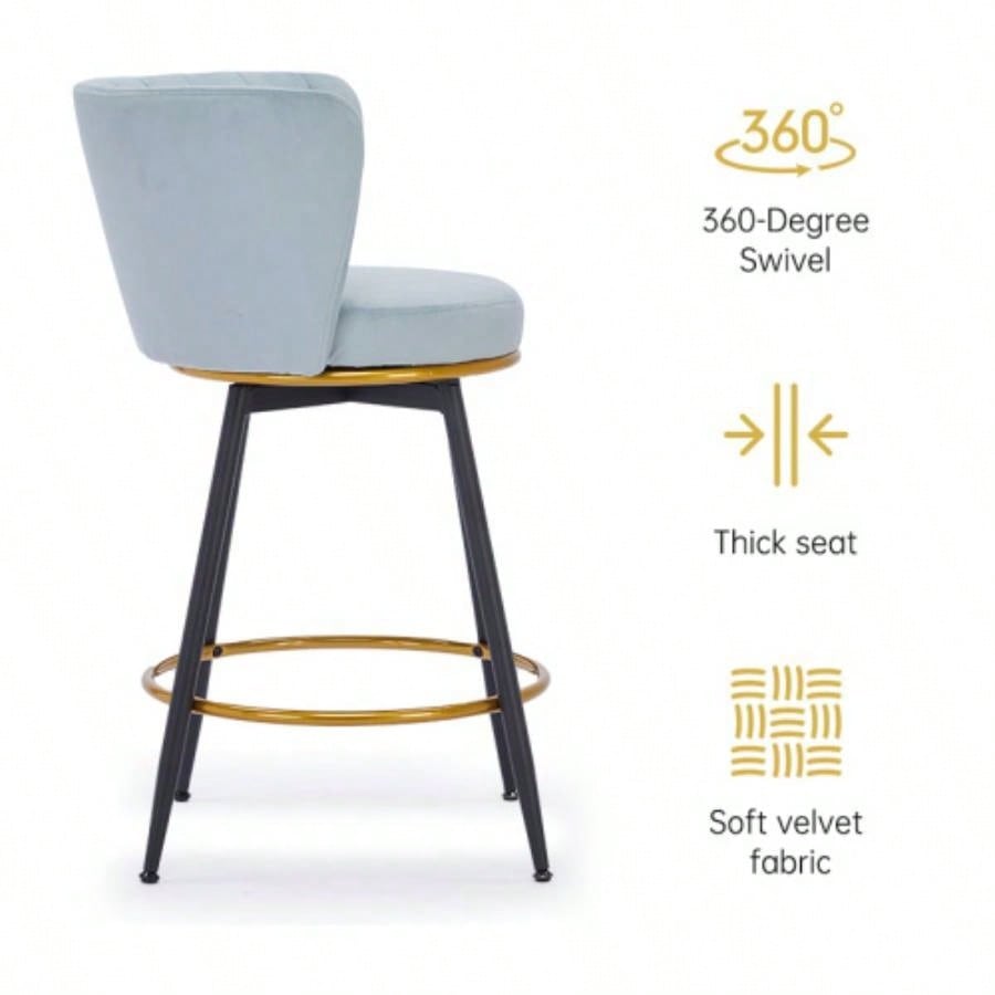 Counter Height Bar Stools Set of 2, 360 Swivel Upholstered Barstools with Backs and Metal, 26 H Height, Velvet Fabric, Goldy Footrest