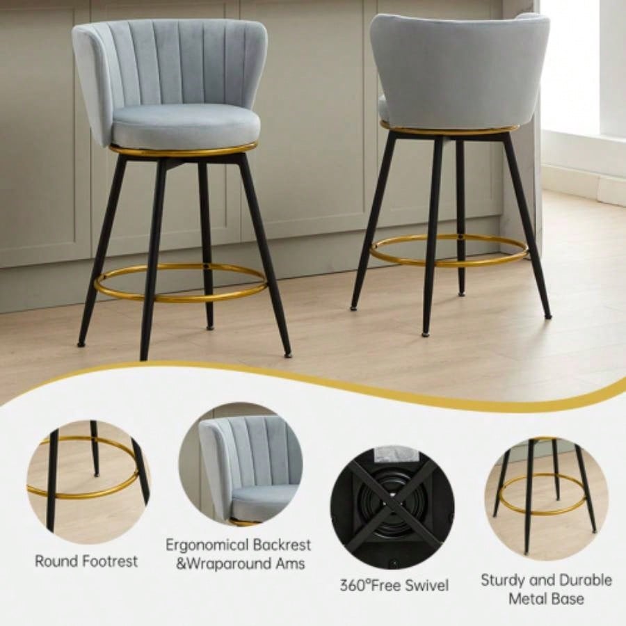 Counter Height Bar Stools Set of 2, 360 Swivel Upholstered Barstools with Backs and Metal, 26 H Height, Velvet Fabric, Goldy Footrest
