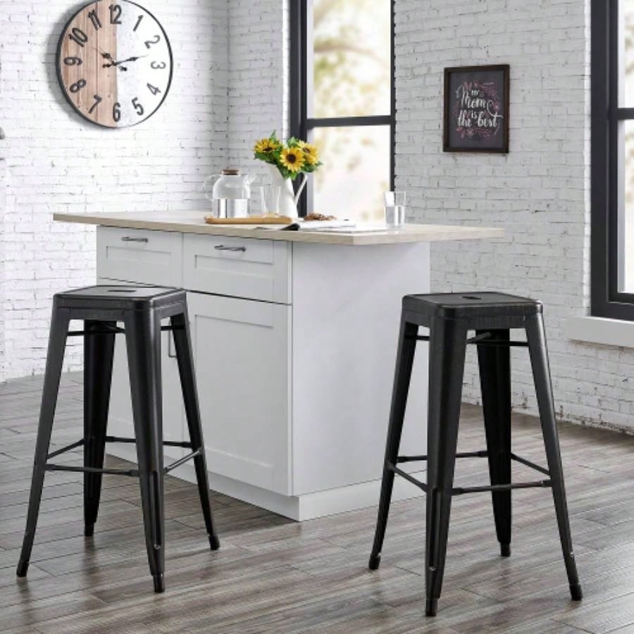 Backless Modern Light Weight Industrial Contemporary Rustic Vintage Costal Metal Bar Stools Without Back and 4 Leg Design Set of 2 30, Distressed Black