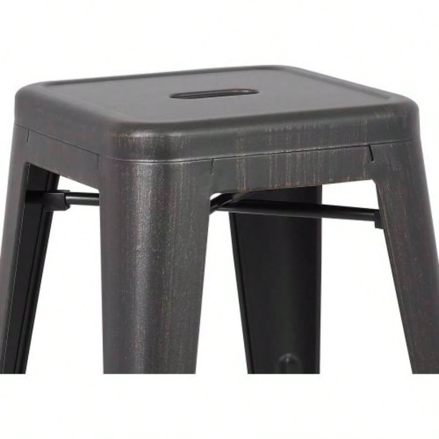 Backless Modern Light Weight Industrial Contemporary Rustic Vintage Costal Metal Bar Stools Without Back and 4 Leg Design Set of 2 30, Distressed Black