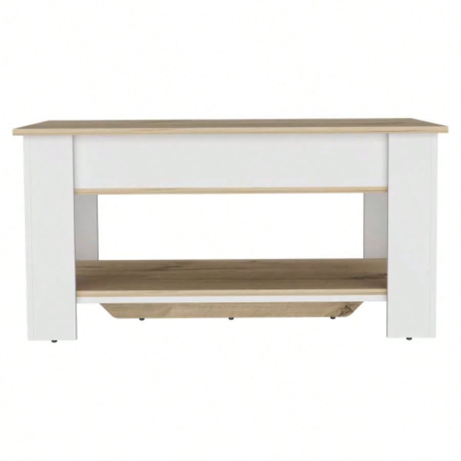 Austin Storage Table, One Extendable Table Shelf, Four, Lower Shelf - Light Oak/ White