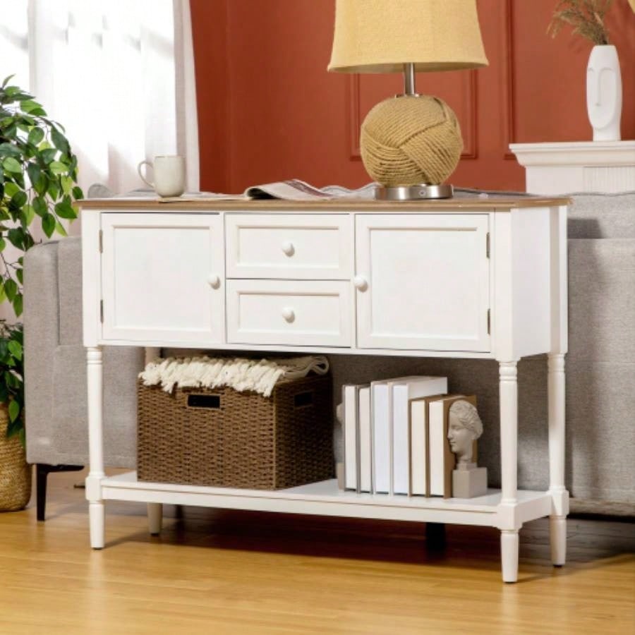 Console Table with Drawers, Vintage Entryway Table with 2 Drawers, Cabinets and Bottom Shelf, Retro Sofa Table Living Room, Bedroom, White