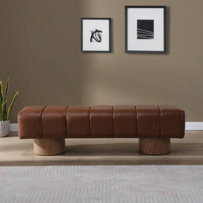 Upholstered Dining Dining Room, No - Assembly End of Bed Entryway Ottoman Bedroom Living Room, Brown PU Stool Top Wood Leg 300 LBS Weight Capacity