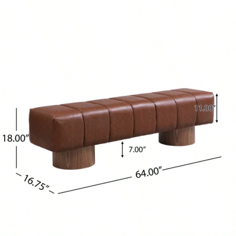 Upholstered Dining Dining Room, No - Assembly End of Bed Entryway Ottoman Bedroom Living Room, Brown PU Stool Top Wood Leg 300 LBS Weight Capacity