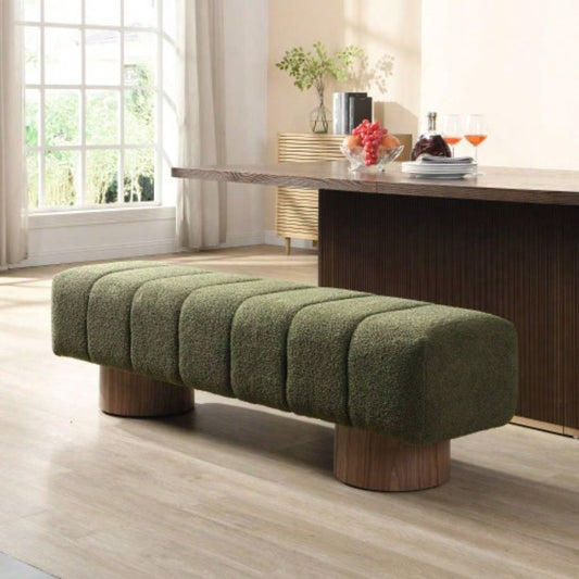 Upholstered Dining Dining Room, No - Assembly End of Bed Entryway Ottoman Bedroom Living Room, Green Boucle Fabric Stool Top Wood Leg 300 LBS Weight Capacity